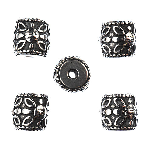 Stainless Steel Antique Silver Barrel with Flower Bead 12x12mm 5pcs - Cosplay Supplies Inc