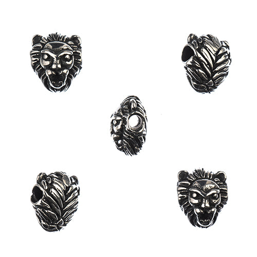 Stainless Steel Antique Silver Lion Head Bead 10x11mm 5pcs - Cosplay Supplies Inc