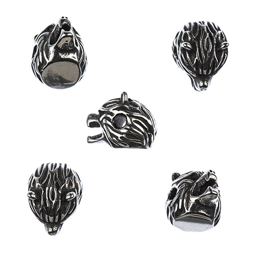 Stainless Steel Antique Silver Wolf Head Bead 5pcs - Cosplay Supplies Inc