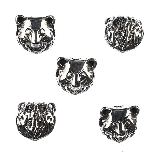 Stainless Steel Antique Silver Bear Head Bead 13x13mm 5pcs - Cosplay Supplies Inc