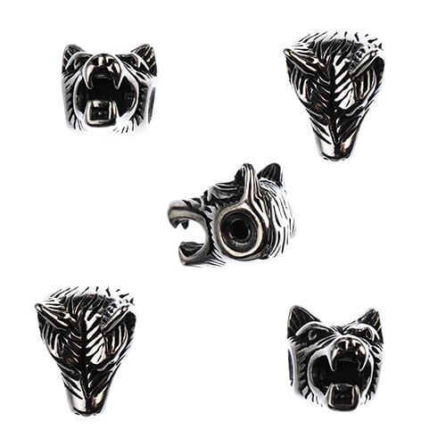 Stainless Steel Antique Silver Wolf Head Bead 5pcs - Cosplay Supplies Inc