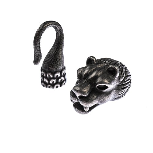 Stainless Steel Antique Silver Glue-In Cord Lion Head Hook Clasp 22x13mm/22x8mm (6mm Hole)