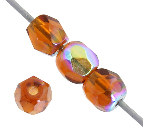 Czech Fire-Polished Round 4mm - Transparent Yellow/Brown Strands