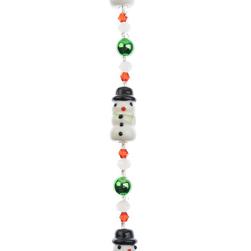 Crystal Lane DIY Designer Holiday 7in Bead Strand Glass Black Hat Lampwork Snowman with Green
