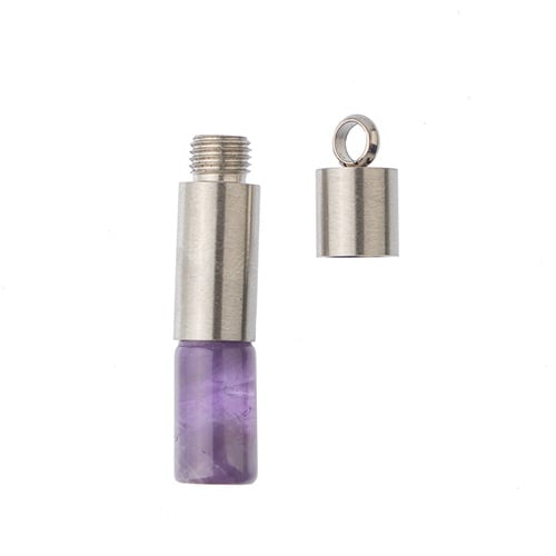 Semi-Precious Aroma Gems Stainless Steel Top Cylinder Pendant Amethyst