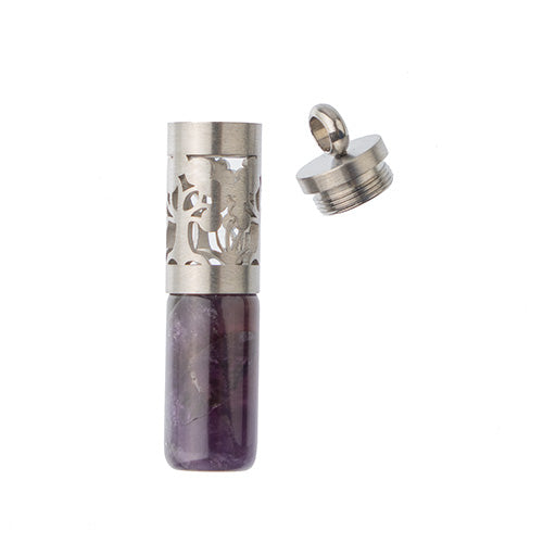 Semi-Precious Aroma Gems Stainless Steel Top Cylinder Pendant Amethyst