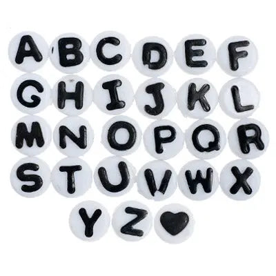 Acrylic Alphabet Bead 8mm White/Black Letters - Cosplay Supplies Inc