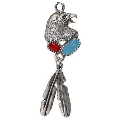 Pendant - Eagle Head With 2 Feather Drop Red/Turq Stone Antique Silver - Cosplay Supplies Inc