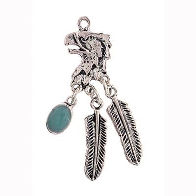 Pendant - Small Eagle Head With 2 Feather 1 Turquoise Stone Drop Antique SIlver - Cosplay Supplies Inc