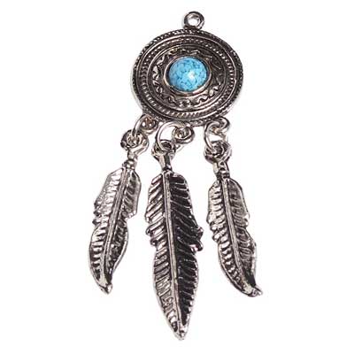 Pendant - Feathers 62mm/L Antique Silver/Turquoise - Cosplay Supplies Inc