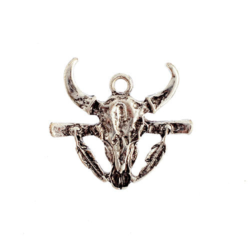 Pendant - Bull's Head With Feathers Antique Silver Lead Free / Nickel Free - Cosplay Supplies Inc