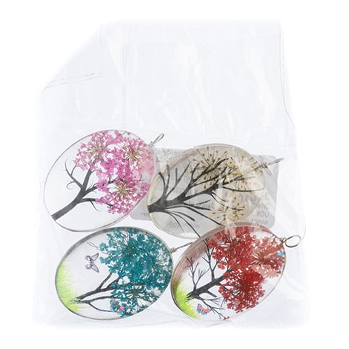 Dried Flower Glass Pendants Assorted Colors 4pcs