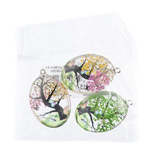 Dried Flower Glass Pendants Assorted Colors 3pcs 30x40mm
