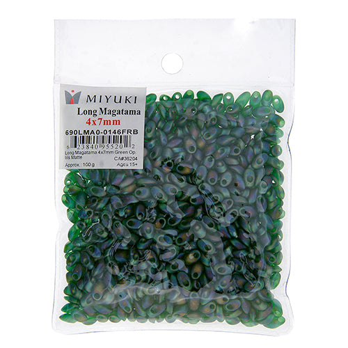Long Magatama 4x7mm Green Opaque Iris Matte - 100g Bag