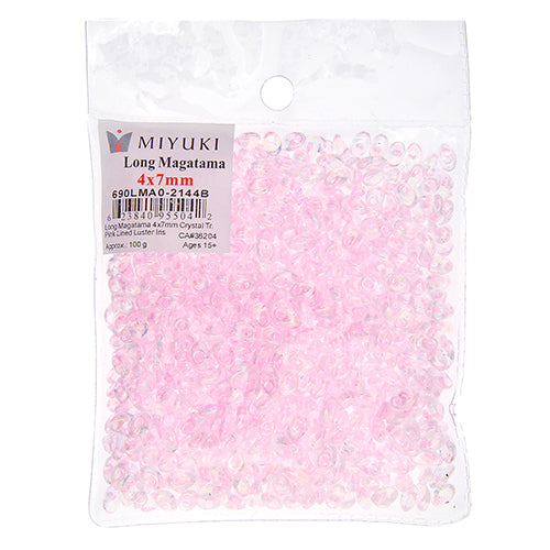 Long Magatama 4x7mm Crystal Transparent Pink Lined Luster Iris - 100g Bag