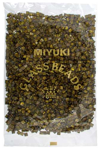 Miyuki Tila Bead 5x5mm 2-hole Opaque Yellow Brown with Yellow Picasso