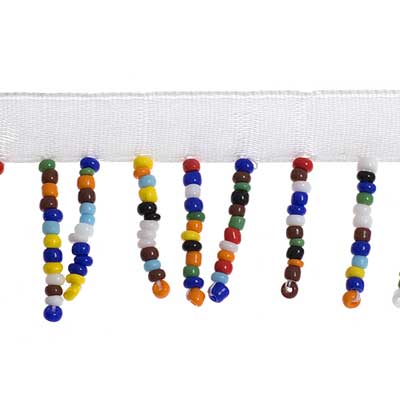 Bead Fringe 2cmm White Ribbon Multi Colored Beads