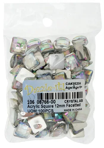 Acrylic Square Facetted 12mm Crystal Aurora Borealis