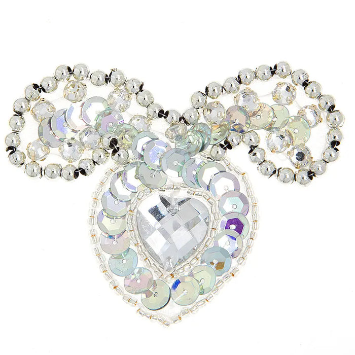 Motif Beaded 7.5cmx6cm Heart Shape 1pc Silver AB - Cosplay Supplies Inc