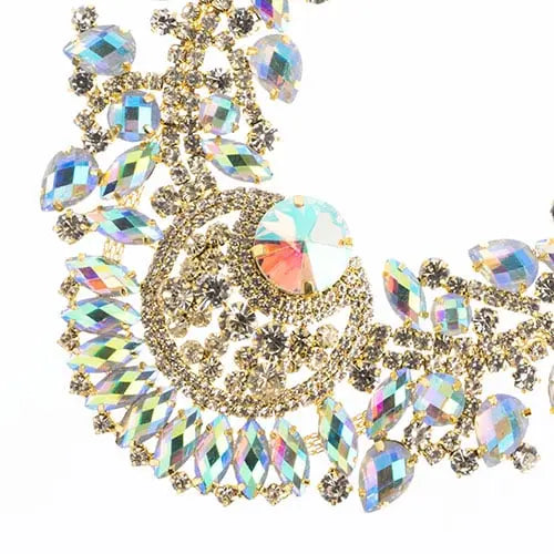 Crystal Motif Chandelier Neckline 17.5x17.5cm Aurora Borealis Gold Casing