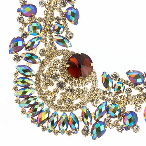 Crystal Motif Chandelier Neckline 17.5x17.5cm Aurora Borealis Gold Casing - Cosplay Supplies Inc