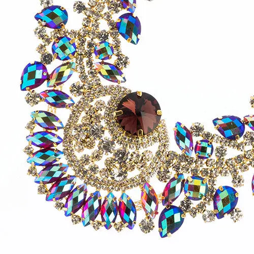 Crystal Motif Chandelier Neckline 17.5x17.5cm Aurora Borealis Gold Casing - Cosplay Supplies Inc