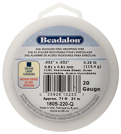 Beadalon 316L Stainless Steel Square 20ga 1/4lb 71ft