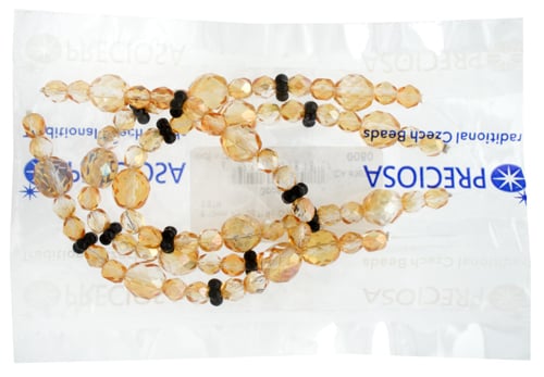 Fire-Polished Beads Mix Of 6/10mm Round Crystal/Light Apricot Half Coat & 7mm Flower Black