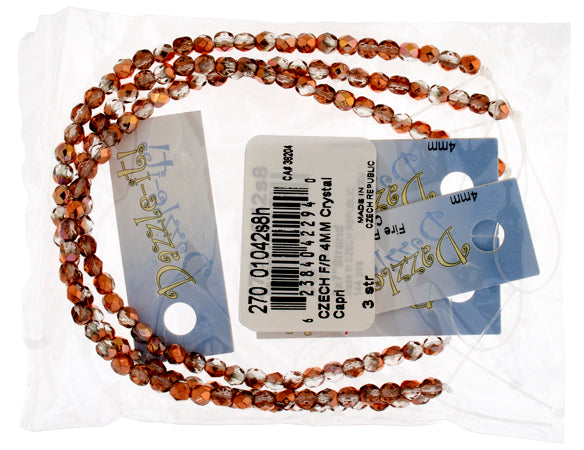 Czech Fire-Polished Round 4mm - Transparent Crystal/Grey Strands