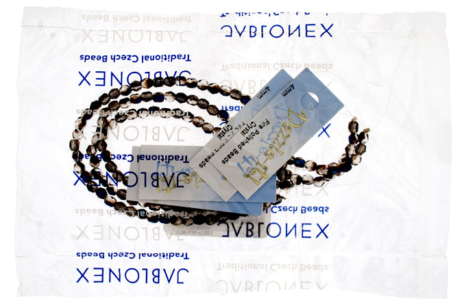 Czech Fire-Polished Round 4mm - Transparent Crystal/Grey Strands