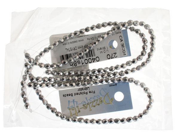 Czech Fire-Polished Round 4mm - Transparent Crystal/Grey Strands