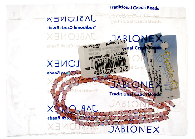 Czech Fire-Polished Round 4mm - Transparent Purple Strands