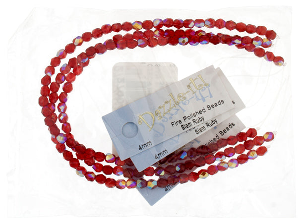 Czech Fire-Polished Round 4mm - Transparent Red Strands