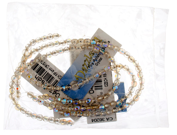 Czech Fire-Polished Round 4mm - Transparent Crystal/Grey Strands