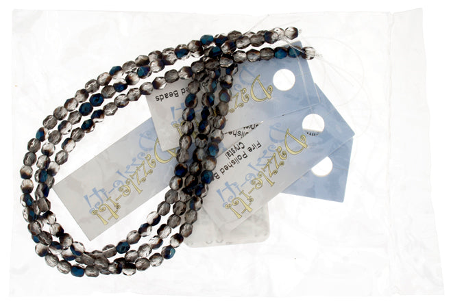 Czech Fire-Polished Round 4mm - Transparent Crystal/Grey Strands