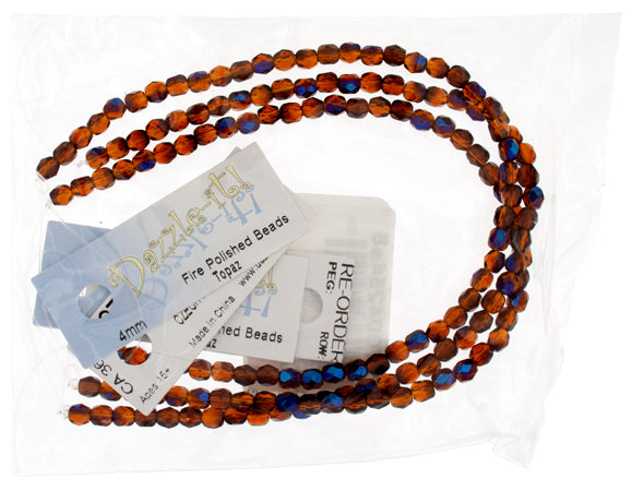 Czech Fire-Polished Round 4mm - Transparent Yellow/Brown Strands