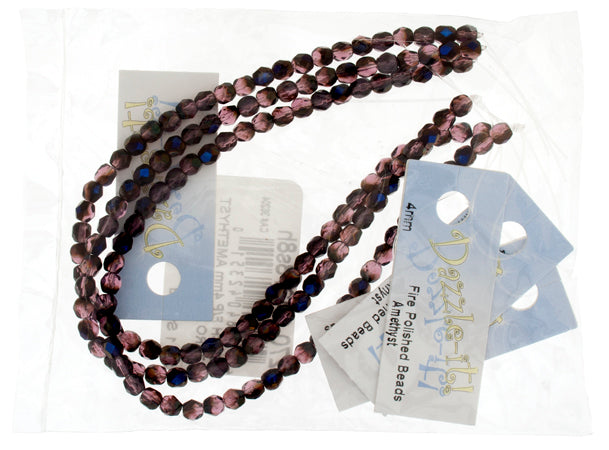 Czech Fire-Polished Round 4mm - Transparent Purple Strands
