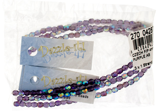 Czech Fire-Polished Round 4mm - Transparent Purple Strands