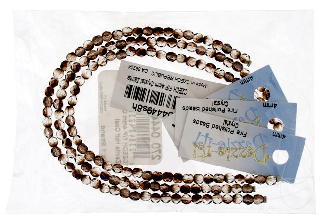 Czech Fire-Polished Round 4mm - Transparent Crystal/Grey Strands