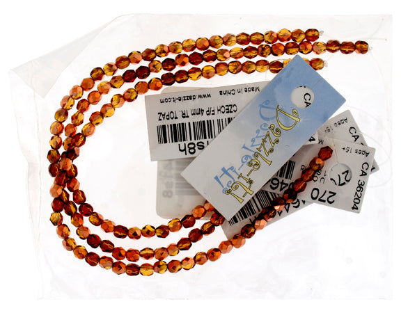 Czech Fire-Polished Round 4mm - Transparent Yellow/Brown Strands