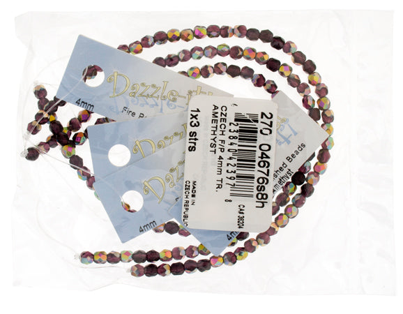 Czech Fire-Polished Round 4mm - Transparent Purple Strands