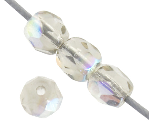 Czech Fire-Polished Round 4mm - Transparent Crystal/Grey Strands