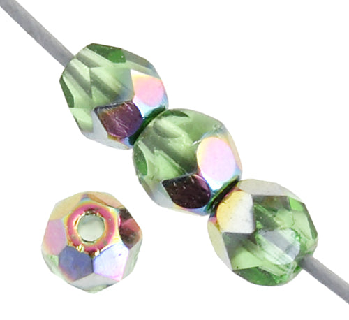 Czech Fire-Polished Round 4mm - Transparent Green Strands