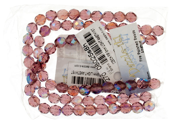 Czech Fire-Polished Round Bead 8mm Strands - Pink/Purple Shades