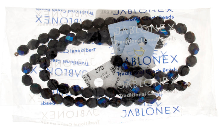 Czech Fire-Polished Round Bead 8mm Strands - Black/Metallic Shades