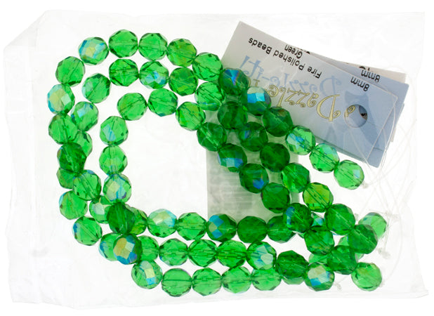 Czech Fire-Polished Round Bead 8mm Strands - Green Shades