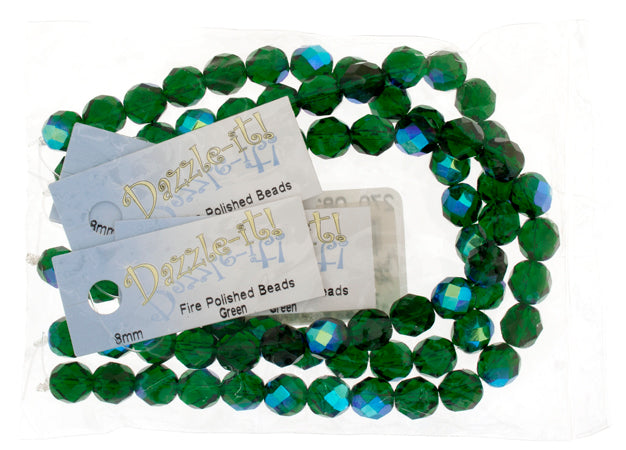 Czech Fire-Polished Round Bead 8mm Strands - Green Shades