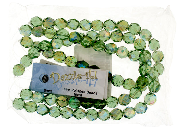 Czech Fire-Polished Round Bead 8mm Strands - Green Shades