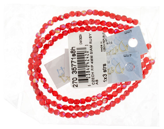 Czech Fire-Polished Round 4mm - Transparent Red Strands