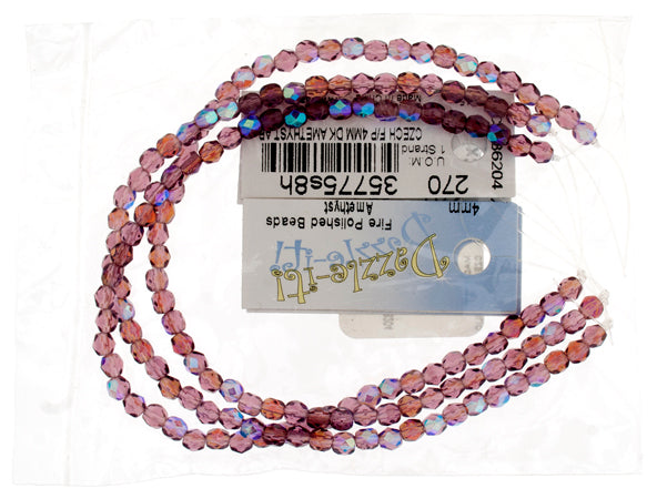Czech Fire-Polished Round 4mm - Transparent Purple Strands